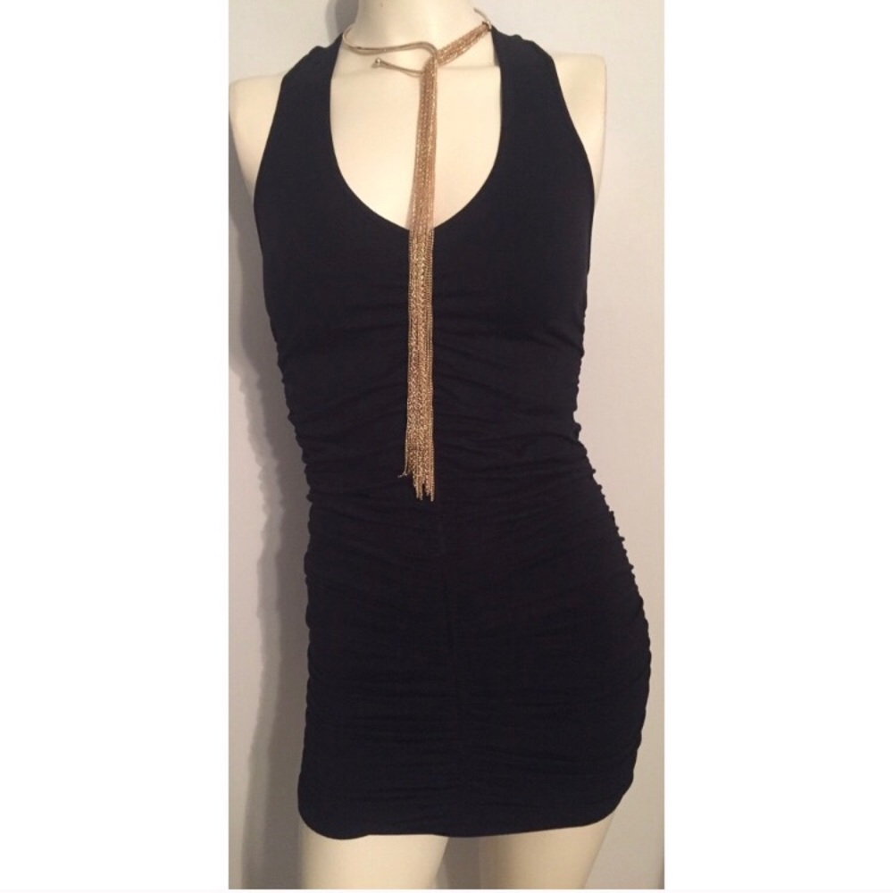 Lk New BEBE Black Bodycon Ruched Dress P/S